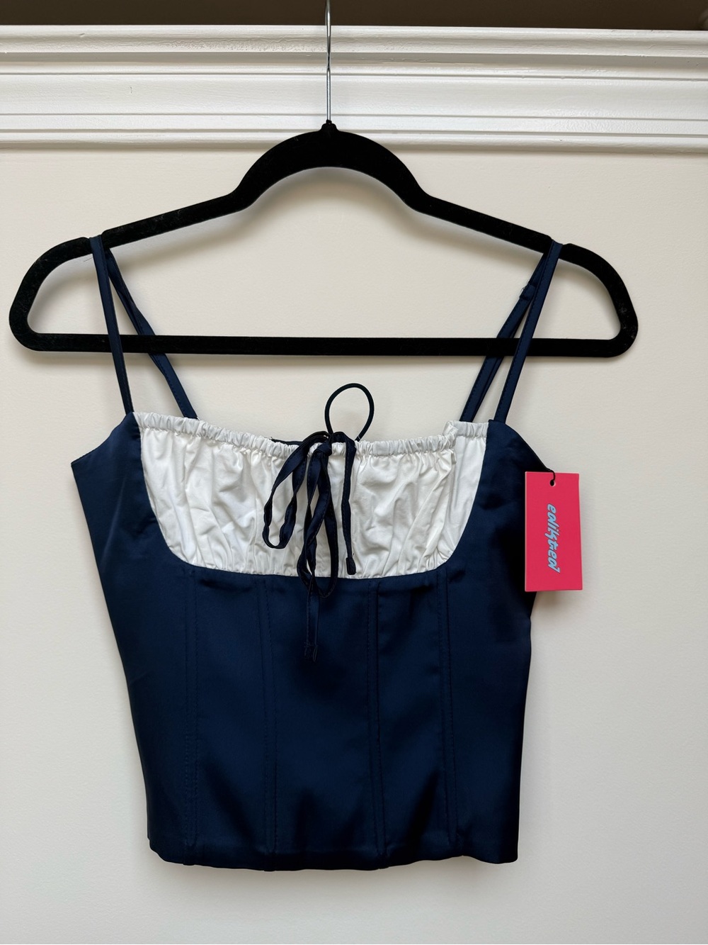 Edikted Navy Blue and White Satin Corset Crop Top